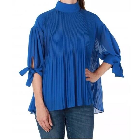 BY MALENE BIRGER WOMEN Cobalt Blue Pleated Accordion BLOUSE EU 36 US S Sheer - Picture 8 of 16